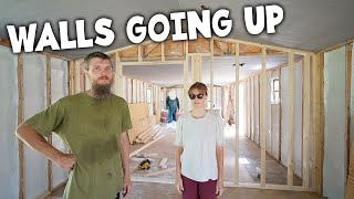 Building the First Interior Wall  Salvaged Mobile Home Rebuild [upl. by Atneuqal]