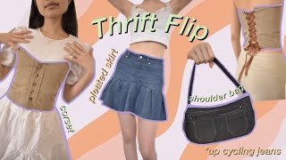 Thrift Flip  Up Cycling Jeans  easy DIY denim pleated skirt corset amp shoulder bag [upl. by Nytsirt]