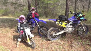 2 kids with Dad on a Dirt Bike trail riding adventure YZ450f YZ250f KLX110L and the Husqvarna ee [upl. by Isborne561]