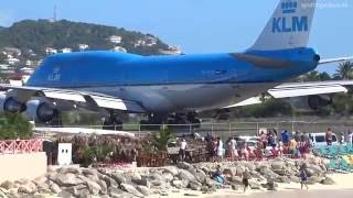 KLM 747 Extreme Jet Blast blowing People away at Maho Beach St Maarten  20140114 [upl. by Rashidi]