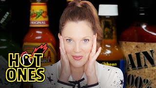 Drew Barrymore Has a Hard Time Processing While Eating Hot Wings  Hot Ones [upl. by Erwin]