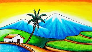 Gambar Pemandangan  Cara Menggambar Pemandangan Gunung dan Sawah yang Mudah Dengan Oil Pastels [upl. by Solim713]