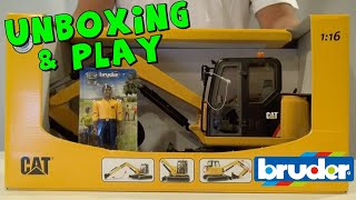 Bruder CAT Mini Excavator with Worker Unboxing and Play [upl. by Madel]