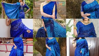 blue jamdani saree lookblue jamdani with contrast blouse blue saree look [upl. by Brewer]