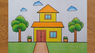 House Drawing  How to Draw a Simple House Step By Step Very Easy  House Scenery Drawing [upl. by Suissac89]