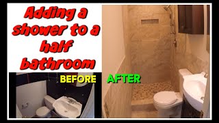 Adding a Shower to a Half Bathroom Remodel DIY [upl. by Immat469]