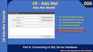 Ado Net Model  Part 6  Connecting to SQLServer Database  Ado Net Tutorial 006 [upl. by Dorolice259]