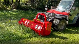 Levante 220cm flail mower with hammer blades frontmounted on AEBI TT270 tractor [upl. by Kcirdnekel]