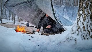 SNOW STORM Camping Overnight In a Tarp Shelter on a Mountain  Appalachians [upl. by Merlin147]