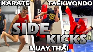 How Different Martial Arts SIDE KICK  Karate v Taekwondo v Muay Thai YOKO GERI [upl. by Adnawad]