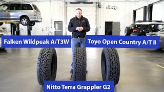 AT Tire Comparison Nitto Terra Grappler G2 vs Toyo Open Country ATII vs Falken Wildpeak AT3W [upl. by Helsell54]