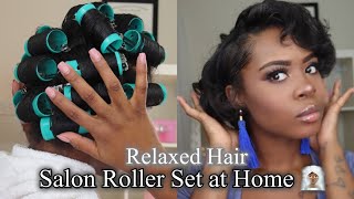 Salon Roller Set at Home Relaxed Hair Maintenance Routine 2020  Neck Length Styling [upl. by Cyrie]