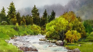 Watercolor landscape painting  Little Stream in the Forest [upl. by Ydnas]