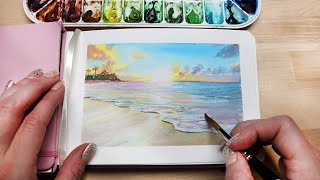 Watercolor Ocean Beach Sunset Easy Step by Step Tutorial [upl. by Neela]