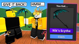 I Traded NIKS SCYTHE to a RANDOM Player Roblox Murder Mystery 2 [upl. by Aelber217]