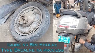 TVS iqube Tyre Change  After 1 Year  iqube ka pichhla Tyre kese kholein Dismantle iqube Rear rim [upl. by Shatzer]