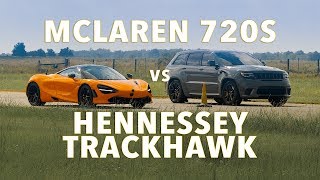 720S vs 1200 HP Jeep Trackhawk DRAG RACE [upl. by Ahsirahc]