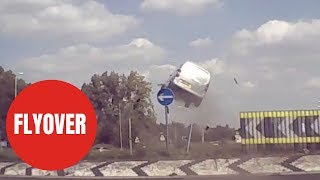 Shocking moment speeding van is filmed flying over roundabout [upl. by Suiravad]