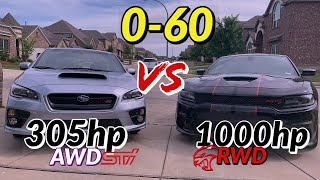 305hp WRX STI vs 1000hp Hellcat  060 on the street Unreal [upl. by Dlopoel]