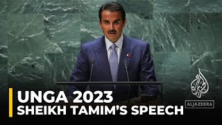 UNGA 2023 Sheikh Tamim calls for end of ‘injustice’ [upl. by Idona]