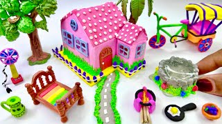 DIY How to make polymer clay miniature House Rikshaw cycle Kitchen set Water well Charpai Fan [upl. by Eniretac]