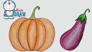 How to draw realistic vegetables  pumpkin amp Brinjal step by step [upl. by Mansur]