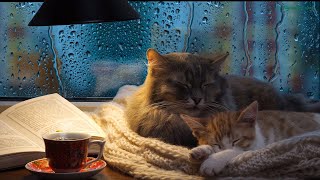 Cat purring sound with light rain outside the window Comforting sounds for relaxation [upl. by Terag502]