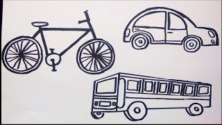 Types of Transport Easy drawing of Road Transport Bicycle Car Bus Drawing and Coloring [upl. by Hortensa880]