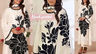 Hand painted outfit designingPakistani style kurti cutting amp stitchingHand painted dress designing [upl. by Ajet]