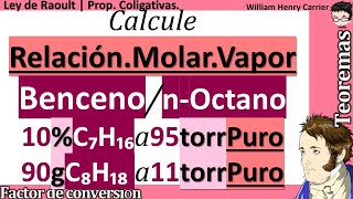 𝑹𝒆𝒍𝒂𝒄𝒊ó𝒏 𝒎𝒐𝒍𝒂𝒓 𝒅𝒆 𝒗𝒂𝒑𝒐𝒓 bencenonoctano con 10  C₆H₆ 95 torr puro con 90 noctano 11 torr puro [upl. by Gib]