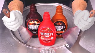 ASMR  HERSHEYS Syrup  how to make Sundae Sauce to Ice Cream Rolls  Chocolate Caramel Strawberry [upl. by Hugh]