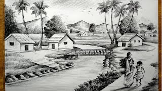 how to draw easy pencil sketch scenerylandscape pahar and river side scenery drawingpencil drawing [upl. by Perrins448]