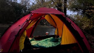 CAMPING IN HEAVY RAIN • CAMPING BY THE RIVER •FUELHART ISLAND asmr campingintherain hilleberg [upl. by Asilej]