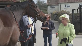 The Queen feeds carrots to race horses at Manor Farm Stables [upl. by Sacken]