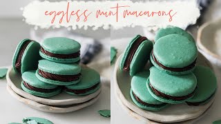 HOW TO MAKE EGGLESS MACARONS WITHOUT ALMOND FLOUREggless Mint Macarons With Dark Chocolate Ganache [upl. by Sidalg]