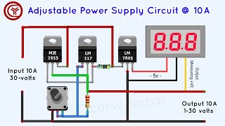 030 volts 10A Variable power supply voltage regulator circuit [upl. by Krik]