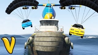 GTA 5 STUNTS LANDING PARACHUTE CAR ON BOAT FROM CARGO PLANE  GTA 5 Stunts Funny Moments [upl. by Sato684]