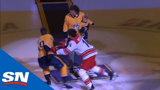 Justin Williams Roman Josi Battle It Out During Nashville Predators Ceremonial Puck Drop [upl. by Tali762]