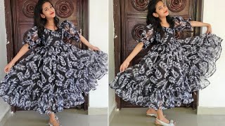 DIY  Organza frill frock cutting and stitching organza dress cutting and stitching [upl. by Anaib]