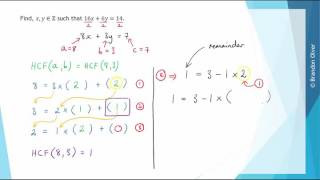 Using the Euclidean algorithm to find solutions to linear Diophantine equations  Ex 1 [upl. by Venezia]