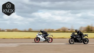 Ducati Panigale V2 vs Suzuki GSXR 750  Airfield drag race  Knox armour [upl. by Bennie]