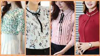 latest stylish chiffon blouses with dots check plane and printed patren collection [upl. by Anawat519]