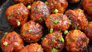 HoneySriracha Turkey Meatballs  The Perfect Spicy Appetizer [upl. by Akehsyt]