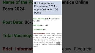 BHEL Apprentice Recruitment 2024 Apply Online for 100 Posts [upl. by Marrissa]