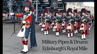 Military Pipes amp Drums march down Edinburghs Royal Mile 4KUHD [upl. by Ycam]