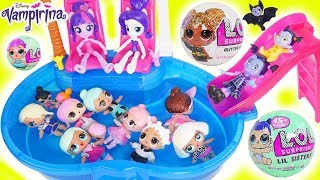 LOL Surprise Dolls Lil Sisters at Barbie Pool find Glitter Surprises [upl. by Ahsaenat]