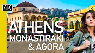 4K Athens Greece Monastiraki and Agora Cafes Walking Tour [upl. by Arretak]