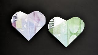 Klasse Origami HERZ Euro Geldschein GELD FALTEN  Money Origami HEART  Tutorial DIY by ColorIdeas [upl. by Oirrad]