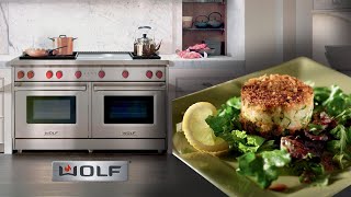 Wolf Gas RangeGriddleOvenConvection  CRAB CAKES demonstration [upl. by Orual]