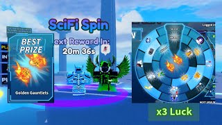 Using 20 New SCIFI Spins in Blade Ball with x3 LUCK Boost Will I get the Golden Gauntlets [upl. by Otilopih]